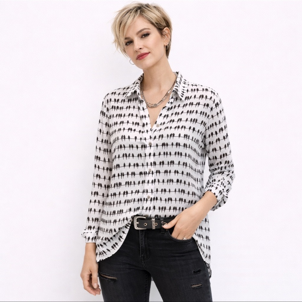 Jane & Delancey Button Down Shirt Birds on Wire Print Black White size Large